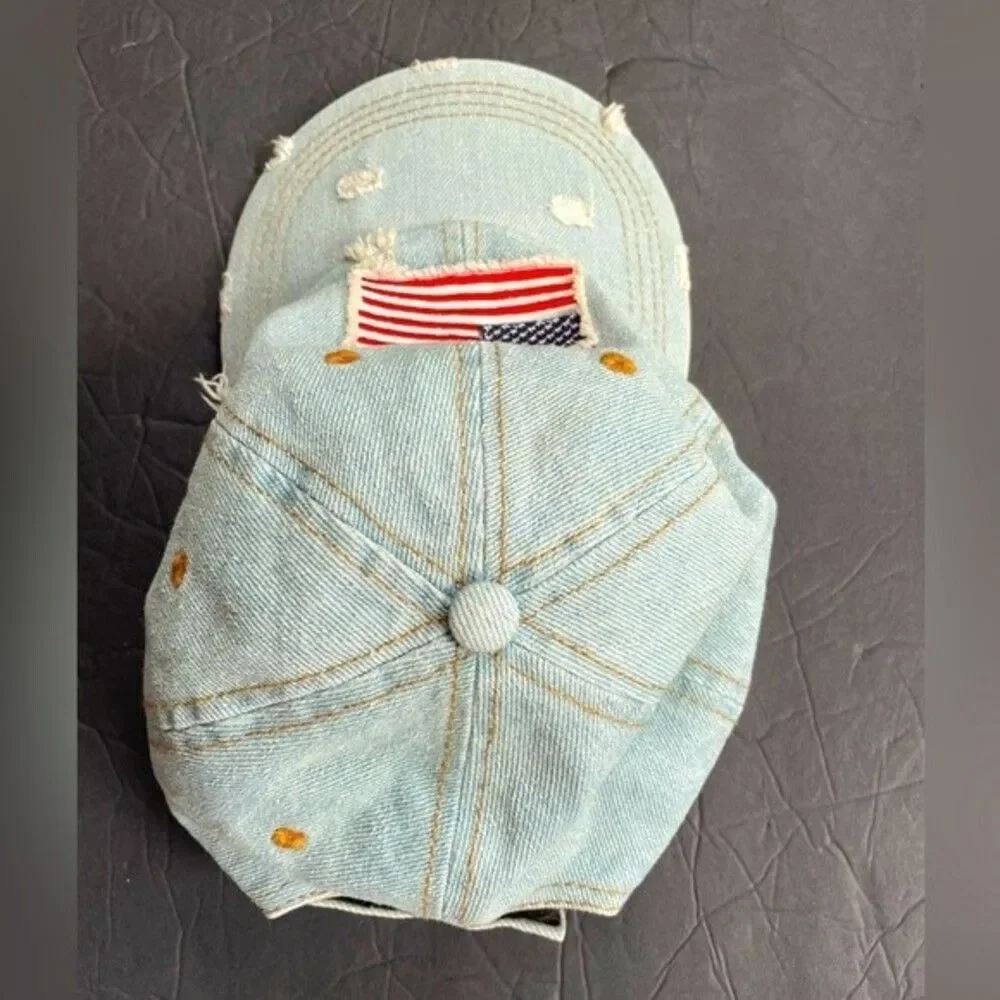 David and Young Baseball hat in distressed denim USA American flag patch…